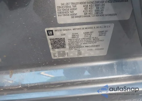 2021 Chevrolet Silverado 1500 2Wd Short Bed Custom из США, поврежденный, VIN 3GCPWBEK3MG151421